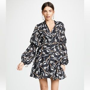 Acler Slinky Weave Dress in Black Floral w Smocked Details and Bell Sleeves